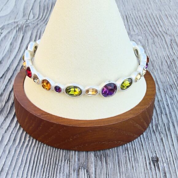 Unbranded Jewelry - Silver Tone Bangle Bracelet Bezel Set Multicolor Oval Crystal Stones (145)